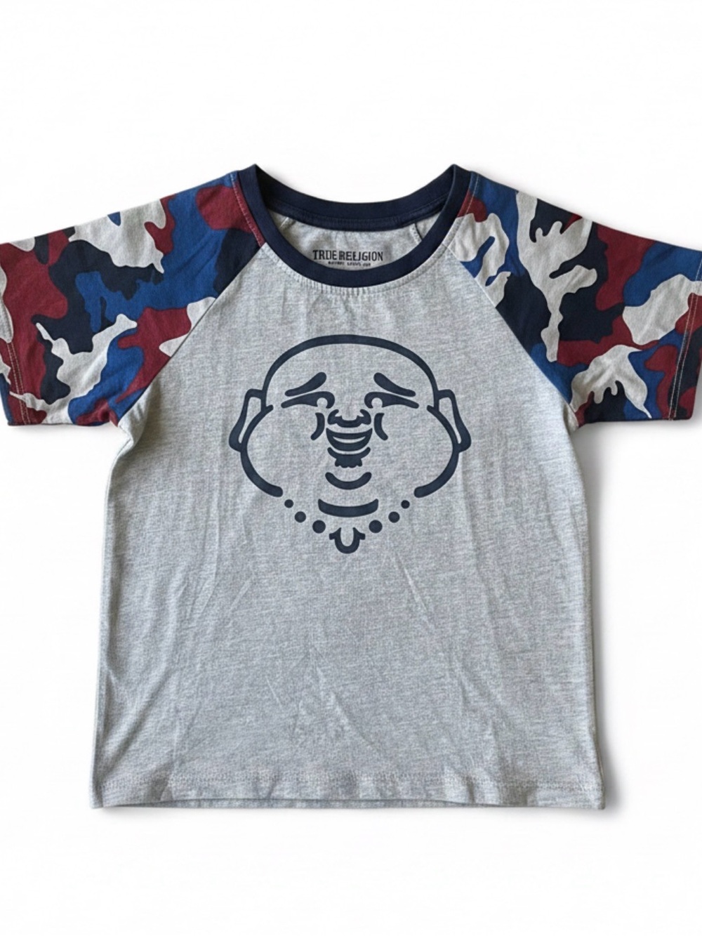 True Religion Kids' Gray Tee with Red & Blue Camo Raglan Sleeves